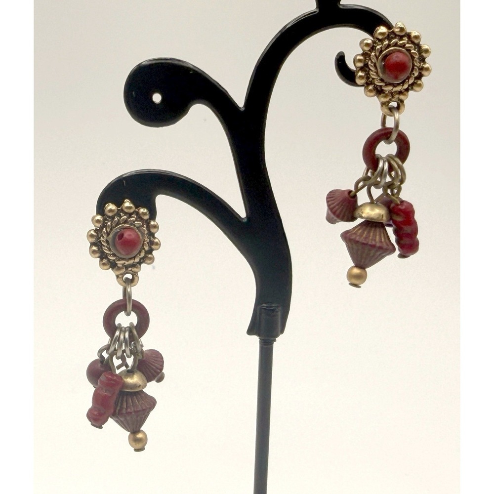 Vintage Gold Tone Dangle Earrings 1.5" Beaded‎ Artisan Pierced